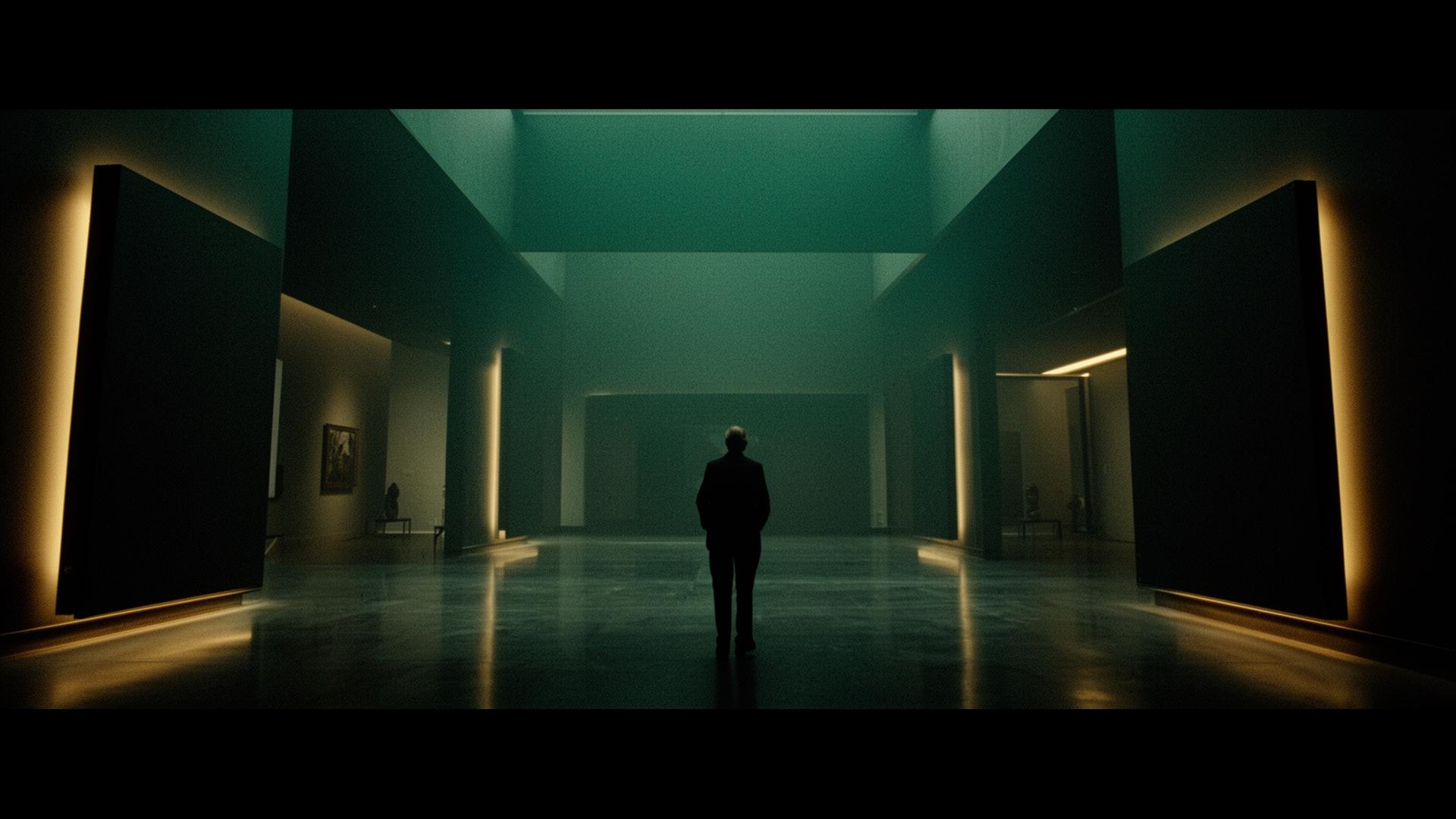 Cinematic interior gallery bathed in emerald light